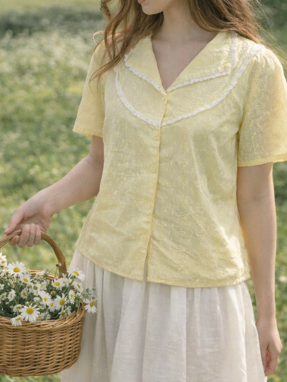 Vintage Yellow Eyelet Lace Blouse St. Mark’s Cottagecore Top Medium